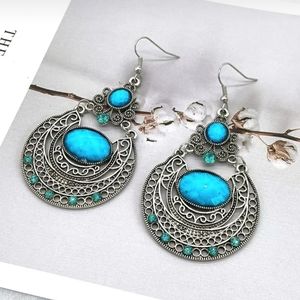 Vintage Silver Color Round Gemstone Dangles Boho Style Carved Earrings For Women